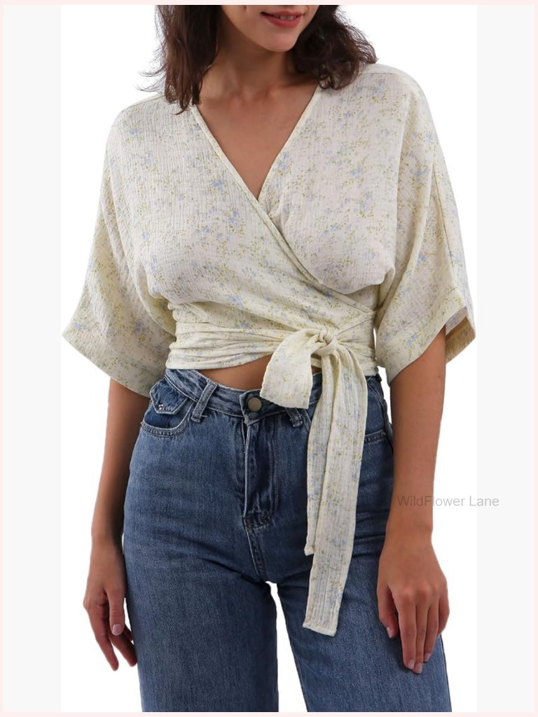 Women's Crop Top Short Sleeve V-Neck Wrap Blouse Cotton Gauze Tie Front